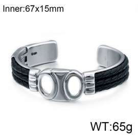 Simple Punk Men's Titanium Steel Braided Leather Hollow Double Hole Bracelet
